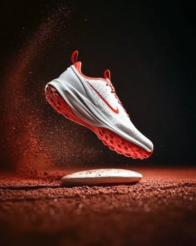 midjourney white and orange nike golf shoe in mid air, dynamic motion